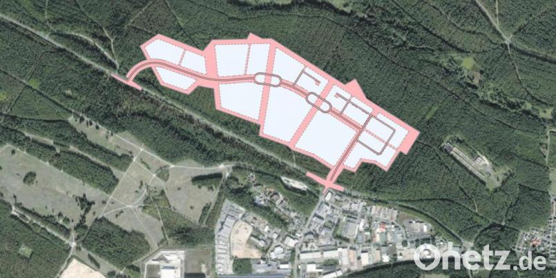 Das Luftbild zeigt, auf welcher Fläche das neue Gewerbegebiet Weiden-West IV geplant ist. Grafik: Geobasisdaten Bayerische Vermessungsverwaltung bearbeitet durch Stadtplanungsamt Weiden