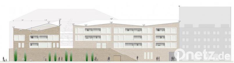 Diese Skizze ist überholt. Die Fassade des Ten-Brinke-Baues wird am Ende wohl anders aussehen. Diese Ansicht zeigte einen ersten Entwurf mit Blick vom Spitalgraben aus Richtung Wirtschaftsschule, rechts der sogenannte Eckertbau. Bild: 2901845