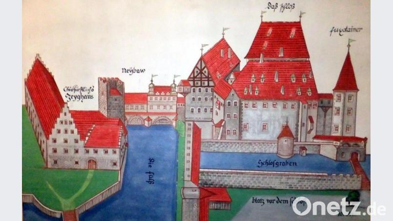 Das kurfürstliche Schloss in Amberg im 16. Jahrhundert: Das Zeughaus links der Vils existiert zur Zeit der Aufruhr noch nicht. Als Folge des Geschehens ist der dritte Bogen der Stadtbrille bereits geschlossen und der Fuchssteiner (rechts) als Verteidigungsturm zur Stadt hin errichtet worden. Das Gebäude im Vordergrund, die ursprüngliche Kemenate, wurde im 18. Jahrhundert abgerissen. Bild: Landratsamt Amberg