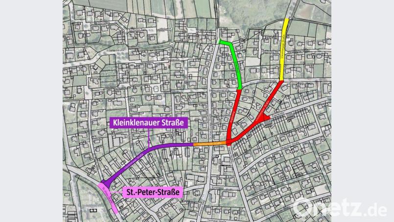 Im Plan ist der zeitliche Ablauf der Bauarbeiten farbig dargestellt. In der kommenden Woche beginnt der rote Bereich, danach folgen die Abschnitte Grün, Gelb, Orange, Magenta und Lila. Grafik: Stadt Tirschenreuth/exb