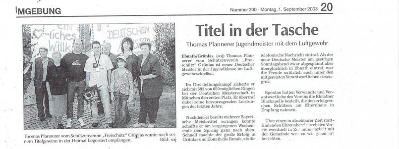 Am 1.September 2003 stand der bisher größte sportliche Erfolg schon in der Zeitung: Thomas Plannerer wurde Deutscher Meister. Bild: soj