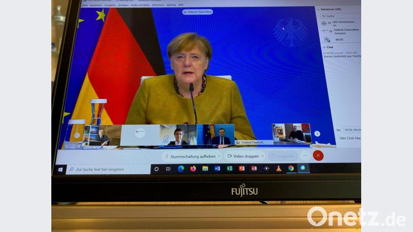In der Videokonferenz mit Bundeskanzlerin Angela Merkel brachte sich auch Landrat Roland Grillmeier (links unten) mit einem Redebeitrag ein. Bild: Landratsamt Tirschenreuth/exb