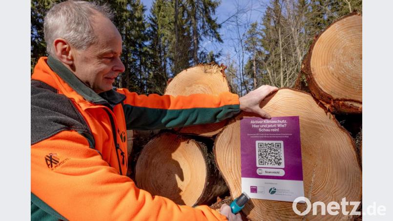 „Scan mich!“: Bernhard Kraus vom Forstbetrieb Fichtelberg befestigt an Holzstämmen einen QR-Code, mit dem sich interessierte Besucher über Klimaschutz im Wald informieren können. Bild: Martin Hertel/exb