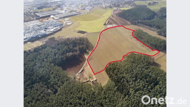 Auf der rot umrandeten Fläche entsteht auf gut acht Hektar Fläche der Solarpark „Striegel“, mit dem die Leonhard-Kurz-Stiftung für ihr Werk an der Eisenhämmerstraße (im Bild links oben zu erkennen) rund 13 Megawatt Strom zum Eigenverbrauch erzeugen will. Bild: Thilo Hierstetter