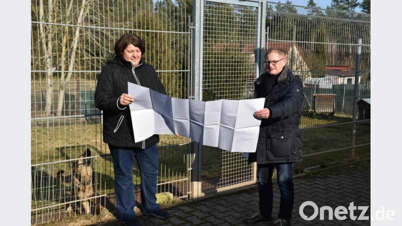 Auf dem Gelände hinter dem jetzigen Gebäude wird das neue Tierheim entstehen. Später wird das alte abgerissen. Nebengebäude, Hausmeisterwohnung und Parkplätze entstehen. Ingenieur Hans Würschinger und Tierschutzvereinsvorsitzende Mariele Junak studierten nun die Planungsentwürfe. Bild: hcz