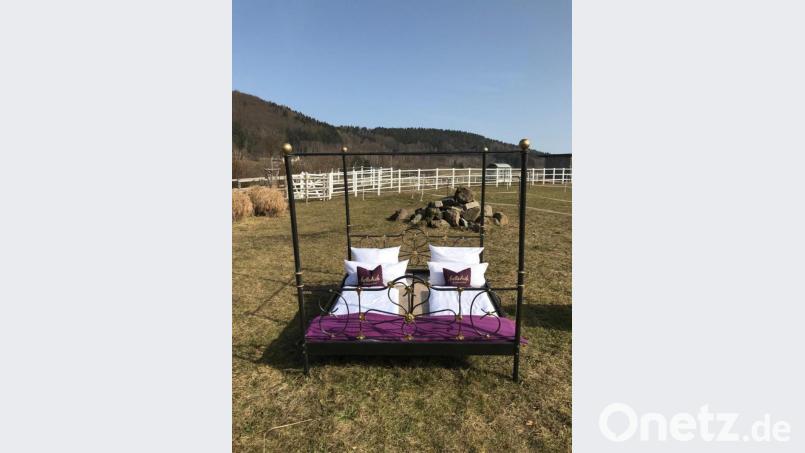 Auf eine Wiese stellten die Hollerfhöfe in Waldeck ein Himmelbett. Das Bild posteten sie auf Instagram und Facebook, um damit vor der Ministerpräsidenten-Konferenz am Mittwoch auf die Situation der Gastrobranche aufmerksam zu machen. Bild: hl