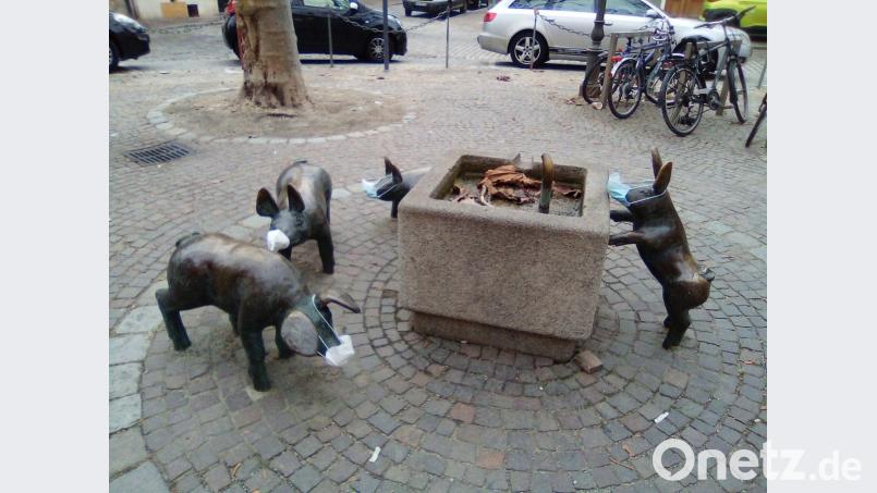 Die Schweinchen am Viehmarkt tragen Maske. Bild: exb/Utz Reich