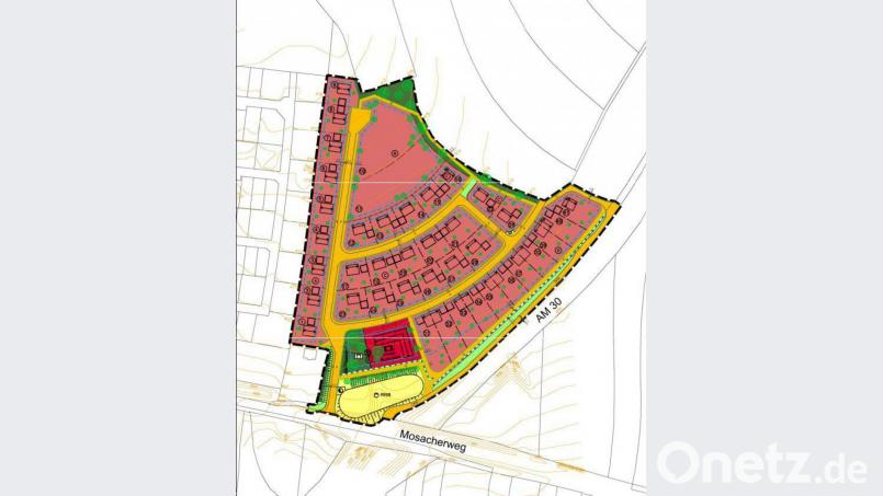 So soll das neue Baugebiet am Mosacherweg aussehen. Im oberen Bereich ist Platz für den Bau von Mehrfamilienhäusern eingeplant. Bild: Baureferat Stadt Amberg