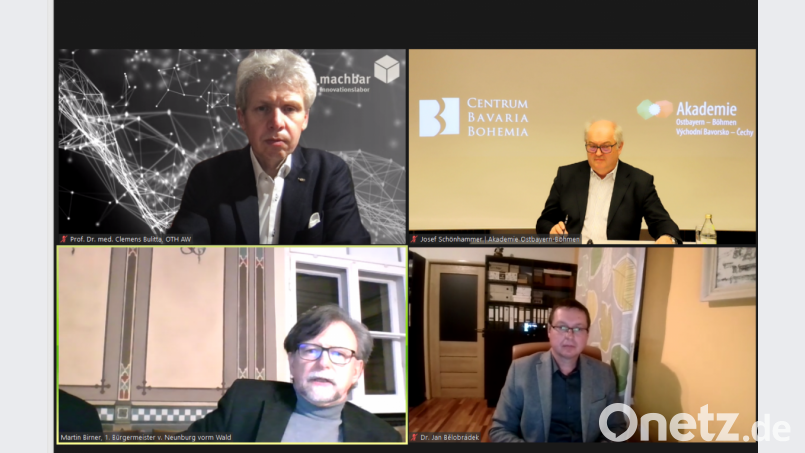 Am Online-Symposium beteiligten sich uk: v. oben links im Uhrzeigersinn: Professor Clemens Bulitta (oben links), Moderator Josef Schönhammer (oben rechts), Dr. Jan Bělobrádek (unten rechts) und Dr. Richard Wagner, medizinischer Leiter des MVZ in Neunburg vorm Wald (unten links). Bild: eib