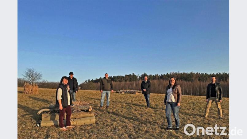 Die Markträte Maria Schlögl, Dieter Buchner, Hubert Schöner, Dieter Rosenberg, Christina Sachs und Thomas Käsbauer besichtigen die entstehende Blühwiese Hubert Schöners und die angelegten Unterschlupfmöglichkeiten für Rebhühner und Niederwild. Bild: twi