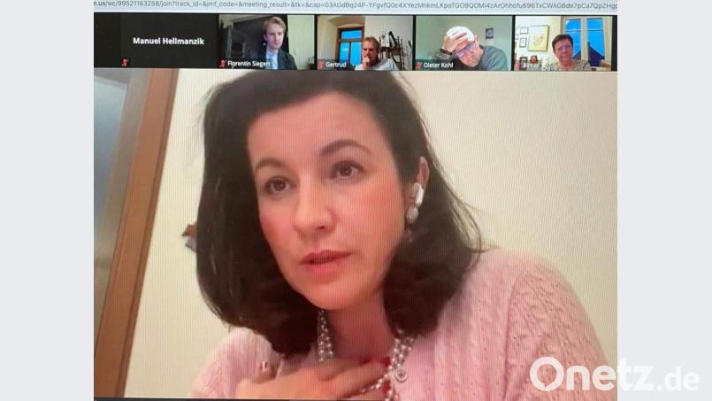 Auf Einladung des CSU-Ortsvorsitzenden Florentin Siegert (oben links) stellt sich bei einem digitalen Kamingespräch Staatsministerin Dorothea Bär den Fragen der Gesprächsteilnehmer. Screenshot: u