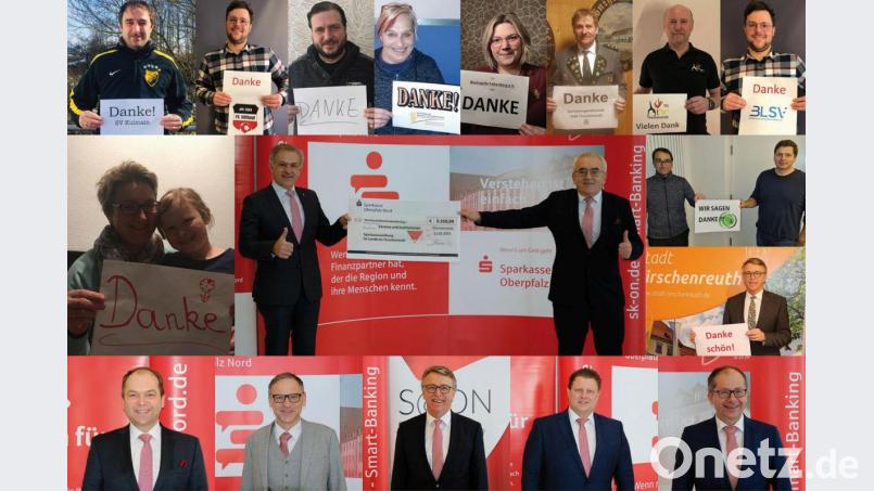 Die von der Sparkasse Oberpfalz Nord erstellte Fotocollage zeigt in der Mitte den Vorsitzenden des Stiftungsrates Landrat Roland Grillmeier (links) sowie Stiftungsvorstand und Sparkassen-Vorstand Ludwig Zitzmann (rechts) zusammen mit den Vertretern der begünstigten Vereine und Organisationen (obere Reihe). Bildmontage: Sparkasse Oberpfalz Nord/exb