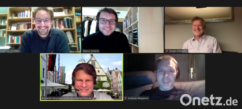 Die CSU-Fraktionschefs der fünf größten Städte der Oberpfalz im
Videochat: (oben von links.) Matthias Schöberl (Amberg), Marco Gmelch (Neumarkt), Jürgen Eberwein (Regensburg), (unten von links) Benjamin Zeitler (Weiden) und Andreas Wopperer (Schwandorf). Screenshot: CSU/Benjamin Zeitler
