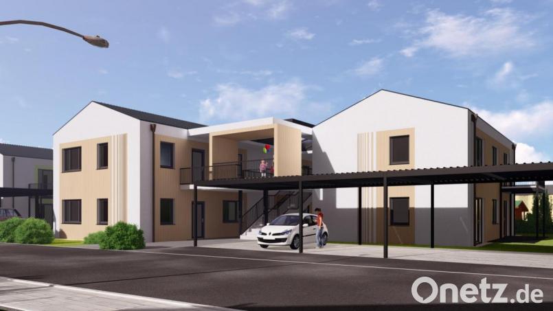 Jeweils ein größeres und eine kleineres zweistöckiges Haus bilden in den Plänen für den Wohnpark Adolf-Kolping-Straße eine Einheit. Zwischen ihnen gibt es ein Verbindungselement. Insgesamt sollen in sechs Häusern 23 Wohneinheiten entstehen, und davor ebenso viele Stellplätze. Grafik: HD Bau GmbH