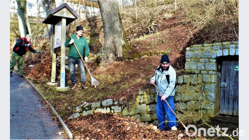 Ganze Berge von Laub und Gestrüpp sammelten sich an, als Bernd Bauer (an der Schautafel) und zweiter OWV-Vorsitzender Markus Müller (rechts) mit etlichen Helfern dem Grüngut am Fuchsberg-Abhang zu Leibe rückten. Bild: jml