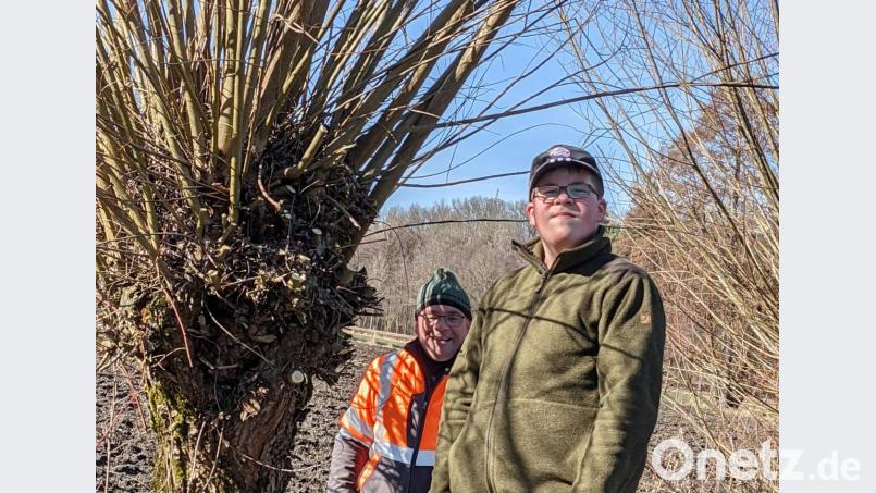 Mirko Bertl und Sohn Felix haben mitgeholfen, die Kopfweiden bei Weiherhammer zu stutzen. Bild: Verena Bauer/exb