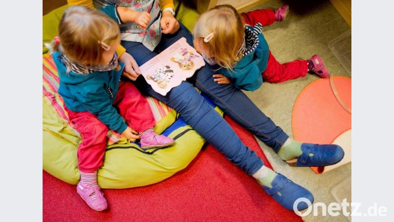 Eine Betreuerin betrachtet zusammen mit Zwillingen ein Buch: Das kann, muss aber nicht in einer Kindertagesstätte sein. Auch im Landkreis gibt es bei der Kindertagespflege Alternativen zur Krippe – allerdings nur begrenzt. Symbolbild: Julian Stratenschulte/dpa