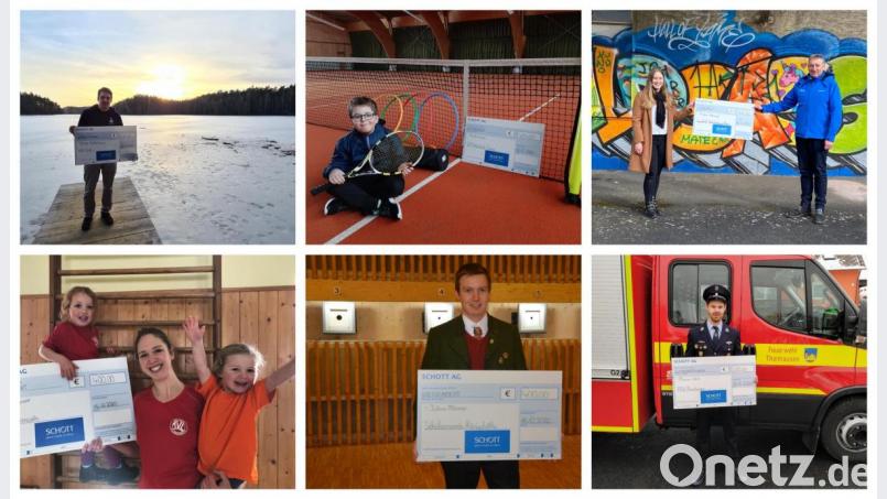 Schottianer in Feierlaune: Die Spendenaktion für über 75 Projekte und Vereine fördert das regionale Ehrenamt von Angelvereinen, dem Tennisnachwuchs, einem Jugendtreff, Turngruppen, Schützen und vielen Helfern der freiwilligen Feuerwehren. Bildmontage: Firma Schott/exb