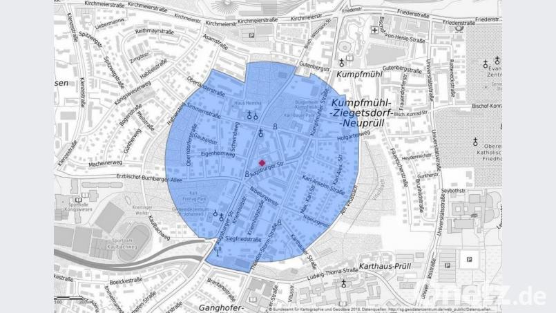 In diesem Radius läuft die Sperrung durch die Polizei. Dort werden Wohnungen evakuiert. Bild: ppop