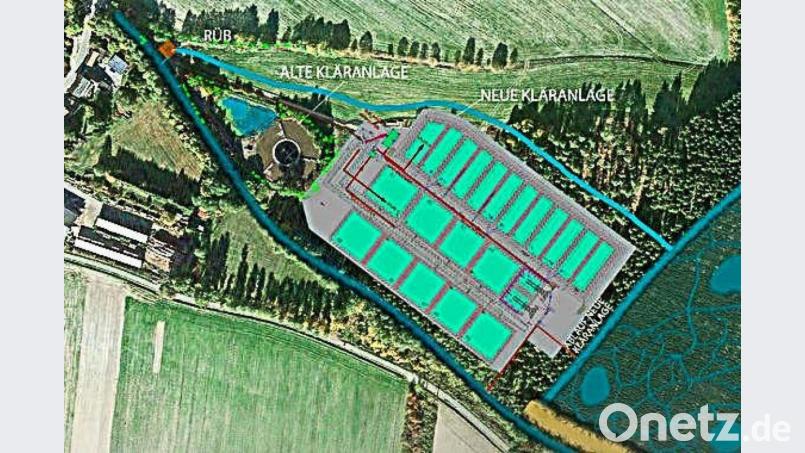 Deutlich erkennbar sind im Entwurf des Ingenieurbüros Blumberg die neuen neun Becken des Rohabwasserfilters sowie die zwölf Becken für die Vertikalfilterstufen. Links davon und davor gelagert befindet sich die alte Kläranlage, wobei nur das Betriebsgebäude erhalten bleibt. Repro: bsc