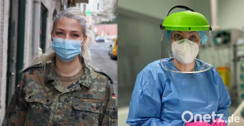 Hauptfeldwebel Jennifer Weig bei ihrem Hilfseinsatz in Portugal. Bild: Andreas Voßen (links) / Christian Alfred Jost (rechts) / exb