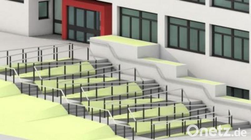 Die Neugestaltung des Zugangs zur Schule wollte nicht allen Stadträten gefallen. Doch die Vorschriften würden kaum eine Alternative bieten, betonte Planer Florian Schabner. Grafik: Architektur Schabner GmbH/exb