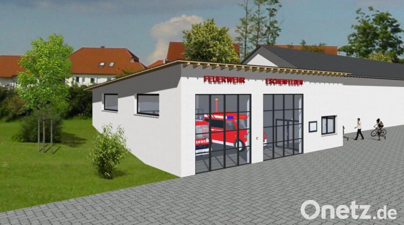 Einen möglichen neuen Standort als Alternative für zwei Fahrzeuge schlägt die Feuerwehr mit der Visualisierung eines Anbaus am Schulgebäude dem Ratsgremium vor. Screenshot: lei