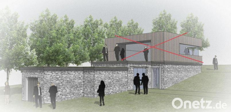 Die Kompromisslösung verzichtet auf den Holzkubus, auf den Veranstaltungsraum und auf den barrierearmen Weg zur Infostelle (Plan: Architekturbüro Schöberl). Bild: Eichl