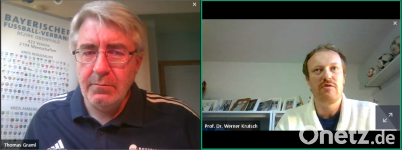 Professor Dr. Werner Krutsch (rechts) beantwortete in einer 90-minütigen Online-Sprechstunde alle drängenden Fragen der Oberpfälzer Fußballvereine. Bezirksvorsitzender Thomas Graml moderierte die Veranstaltung. Screenshot: gth