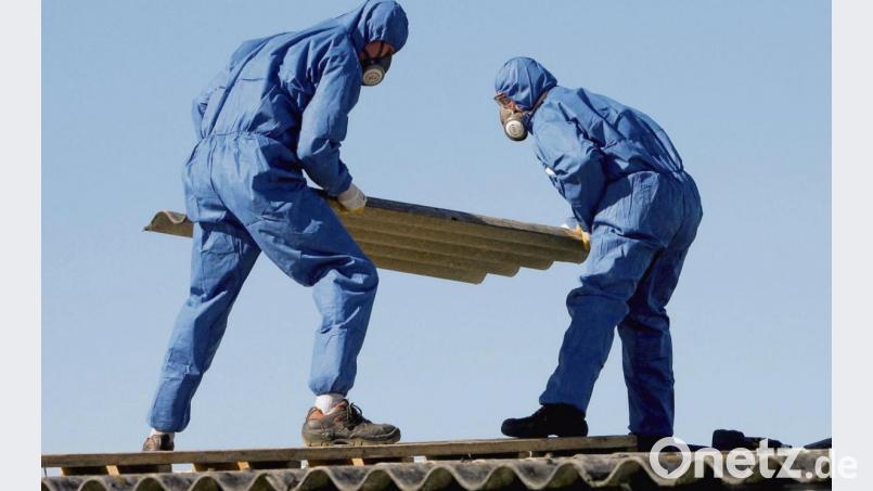 Nur etwas für Profis: Arbeiter in Schutzanzügen und mit Luftfiltern über Mund und Nase entfernen Asbestplatten vom Dach eines alten Gebäudes. Bild: Bernd Wüstneck/dpa
