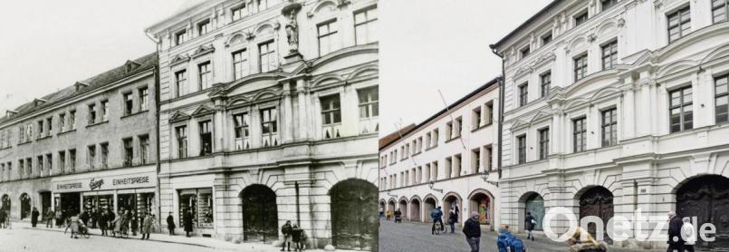 Gestern und heute: Unsere Fotomontage zeigt das damalige ERWEGE-Kaufhaus (links) Anfang der 1930er Jahre in der Bahnhofstraße. Es ist der Beginn der Warenhaus-Geschichte in Amberg. Seit 2015 steht das ehemalige Kaufhaus Storg und Forum leer. Bild: Bilder: Stadtarchiv Amberg Fotosammlung 103-068-002, Hartl