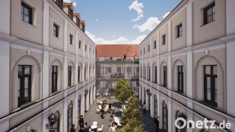 Blick auf den Innenhof der Drei Höfe, wie er sich ab Frühjahr 2023 präsentieren wird. Auf der rechten Seite zieht ein Restaurant mit 150 Plätzen ein, links entsteht ein Tagescafé mit 50 Plätzen. Im Hof selbst sollen noch einmal 100 Menschen essen und trinken können. Bild: Bauart Amberg