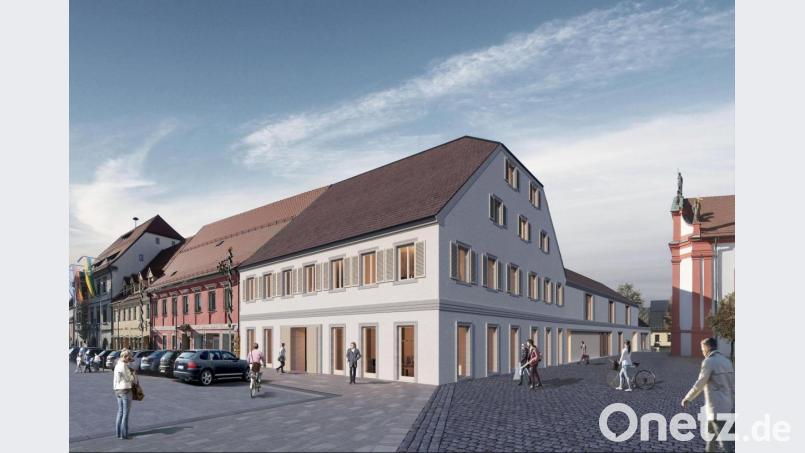 Dank moderner Planungstechnik ist das „Rathaus II“ auf dem Papier schon Realität. Die Ansicht des sanierten Altbaus zum Marktplatz hin wird durch Fensterläden aufgewertet. Ein Durchgang führt in den Hof im hinteren Teil und bis hinunter zum Sitzungssaal. Bild: Architekturbüro &quot;Brückner &amp; Brückner&quot;
