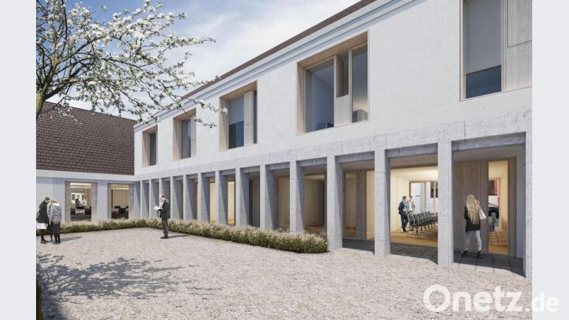 Dank moderner Planungstechnik ist das „Rathaus II“ auf dem Papier schon Realität. Die Ansicht des sanierten Altbaus zum Marktplatz hin wird durch Fensterläden aufgewertet. Ein Durchgang führt in den Hof im hinteren Teil und bis hinunter zum Sitzungssaal. Bild: Architekturbüro &quot;Brückner &amp; Brückner&quot;