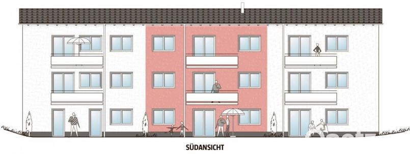 Auf der Südseite des Mehrfamilienwohnhauses werden sich einmal die Balkone befinden, die zu jeder Wohnung in den beiden oberen Stockwerken gehören. Grafik: Architektur- und Ingenieurbüro Schultes/exb