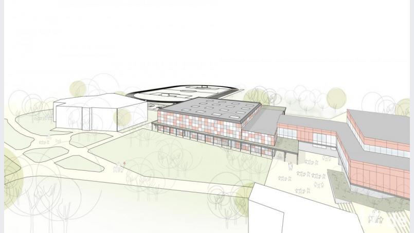 Die gewohnte Anbindung vom Gymnasium (rechts) zur Dreifachhalle könnte nach den neuesten Plänen bleiben. Bild: Architekturbüro Leinhäupl + Neuber