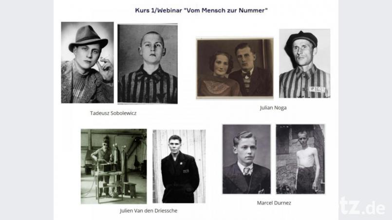 Die Vergleichsbilder von Häftlingen, die deren Leben vor und während der Haft im Konzentrationslager zeigen, machten den Schülern die psychische und physische Belastung deutlich. Screenshot: OHG Marktredwitz/exb