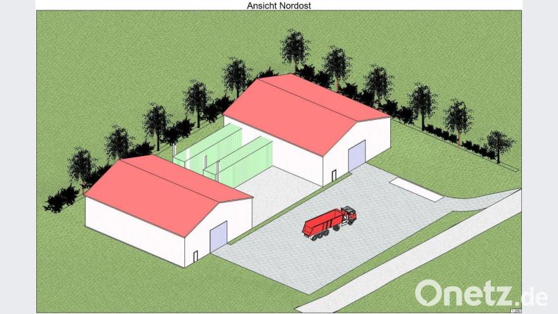 Ein erster Entwurf zeigt die beiden Hallen, in denen der Klärschlamm angeliefert und das Trockengut gelagert werden sollen. Die Trocknungsanlagen sind grün dargestellt. Die Hallen sind rund 20 mal 25 Meter groß und am First gut 10 Meter hoch. Die nötigen Abluftkamine werden mindestens 13 Meter hoch. Bild: meineumweltGmbh/exb