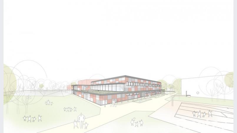 Eine Ansicht der sanierten und um einen Anbau erweiterten Sporthalle aus Richtung Sportplatz: Diesen Entwurf zeigte Architekt Markus Neuber im Kreisausschuss. Bild: Architekturbüro Leinhäupl + Neuber