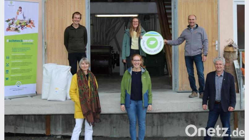 Zum Auftakt ihrer Kooperation trafen sich die Projektmanagerinnen Barbara Ströll, Lisa Hertel (unten von links) und Cornelia Strigl (oben Mitte) mit dem Regiothek-Gründer Alexander Treml (oben links) und Bürgermeister Robert Lindner (unten rechts) bei Gerald Meierhöfer (oben rechts) an der Gailertsreuther Mühle in Floß. Bild: Ikom Stiftland/exb
