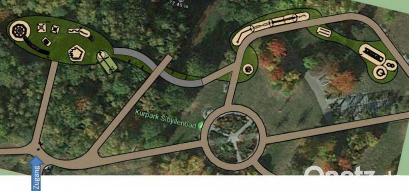 Der Lageplan des Sibyllenbad-Kurparks mit den eingezeichneten Geräten für den künftigen Motorikpark. Bild: Fa. Motorik-Dreams/exb