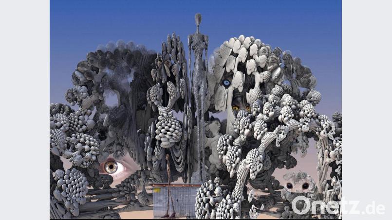 Bernhard Müllers Fotocollage ist vom Computer erzeugt. Der ganze Hintergrund sind sichtbar gemachte dreidimensionale mathematische Funktionen, die der Künstler als Treffen des Malers Max Ernst und des Schweizer Bildhauers, Malers und Grafikers Alberto Giacometti bezeichnet. Bild: hka