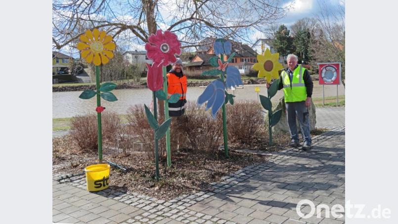 Jetzt wurden auch die Ortsteile der Kulmstadt vom Obst- und Gartenbauverein mit bunten mannshohen Holzblumen geschmückt. Der Vorsitzende des Vereins André Dietrich (rechts) übernahm die „Pflanzaktion“ mit Bürgermeister Wolfgang Haberberger. Bild: ow