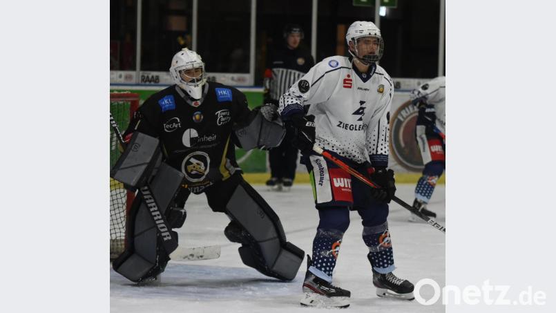 Adrian Klein (rechts), hier noch im Trikot der Blue Devils Weiden, erzielte am Sonntag sein erstes Tor in der DEL für die Straubing Tigers. Archivbild: gb