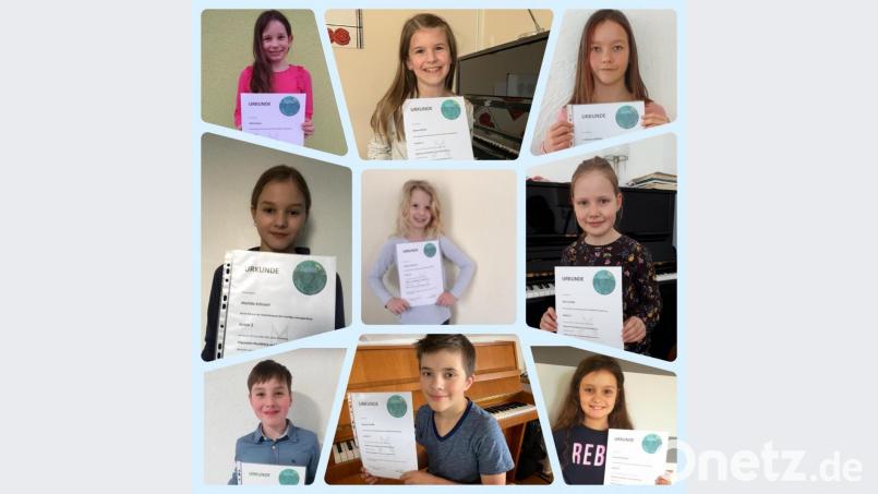 Die eifrigen Musikschüler (jeweils von links): Mila Meyer, Anna Hefner, Johanna Wellert (oben), Matilda Schraml, Pauline Hofmann und Lily Teschke (Mitte) sowie Luca Gräbner, Samuel Krefft, und Veronica Renner (unten). Bild: jst