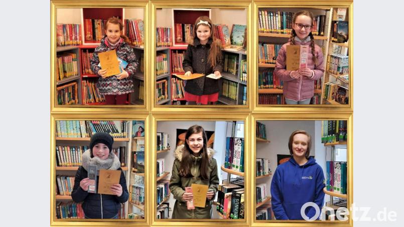 Büchereileiterin Margit Braunreuther präsentiert die besten Leserinnen unter 18 Jahren des Jahres 2020 als Collage: (oben von links) Nele Neuner, Laura Haas, Elisa Bodner, (unten von links) Hannah Siebe, Julia Bayer und Johanna Deubzer. Für das Foto durfte die Maske kurz abgenommen werden. Die einzelnen Bilder wurden zu getrennten Zeiten aufgenommen. Bild: Bücherei Kastl/exb