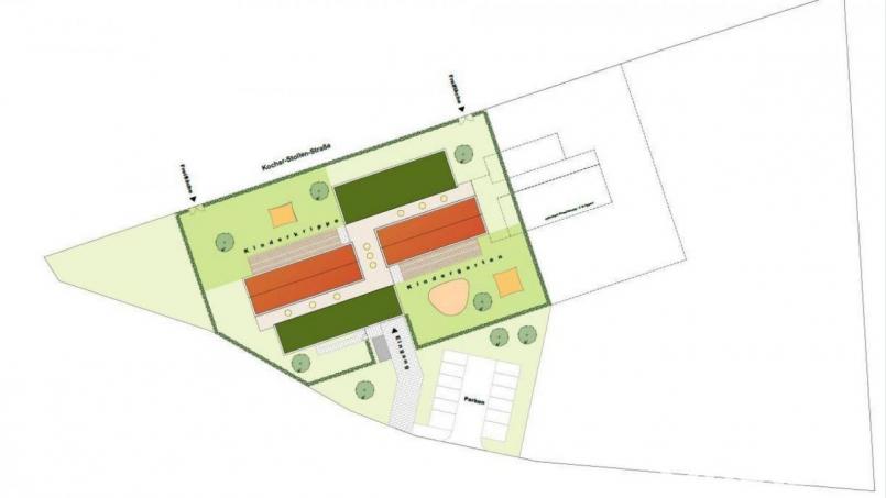 Auf einem knapp 10 000 Quadratmeter großen Grundstück an der Kocher-Stollen-Straße in Wölsendorf soll der Kindergarten mit Kinderkrippe gebaut werden. Im Planentwurf der EBB Ingenieurgesellschaft aus Regensburg sind zwei Baukörper vorgesehen Grafik: EBB / exb