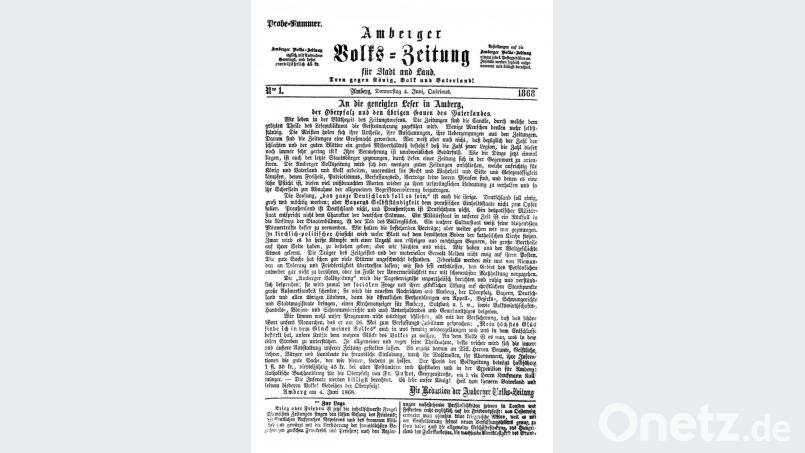 Das Titelblatt der Erstausgabe der Amberger Volks-Zeitung vom 4. Juni 1868. Bild: AZ-Archiv