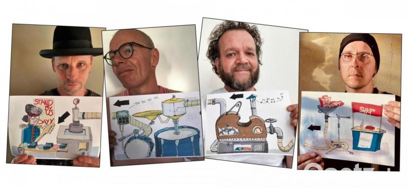 Toningenieur und Illustrator Mario Sütel (r.) setzt die Organisatoren des Konzertes - (v.l.) Markus Engelstädter, Gerwin Eisenhauer und Uli Zrenner-Wolkenstein - in Szene Bild[M]: Mario Sütel/exb
