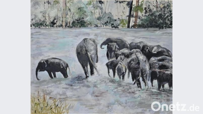Derzeit im Schaufenster der Galerie der Gruppe 81: Die Elefantenherde, von Günter Wendler mit Acryl auf Leinwand gemalt, macht Fernweh im Lockdown. Bild: hka